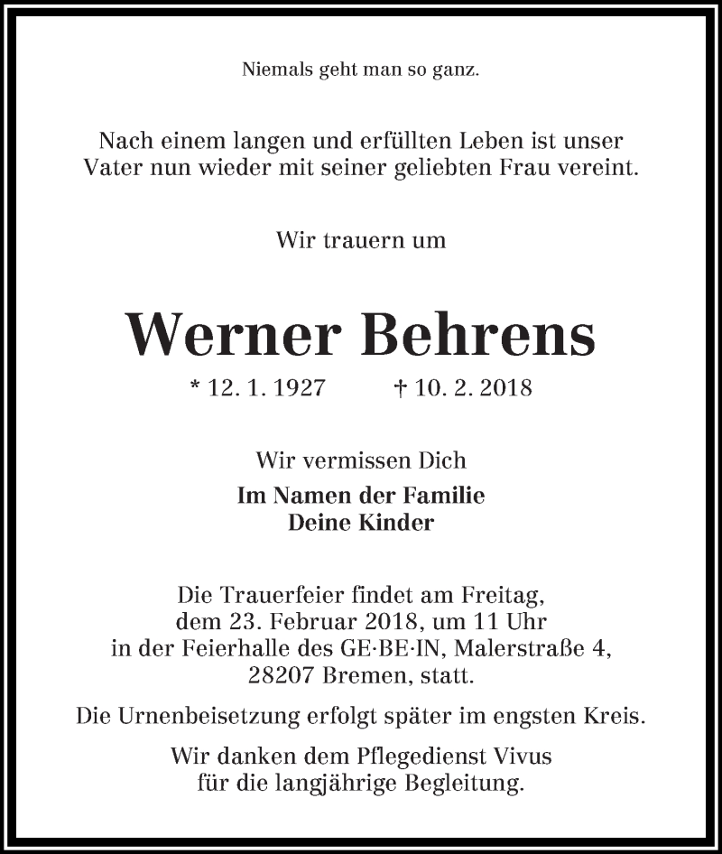 Traueranzeige von Werner Behrens von WESER-KURIER