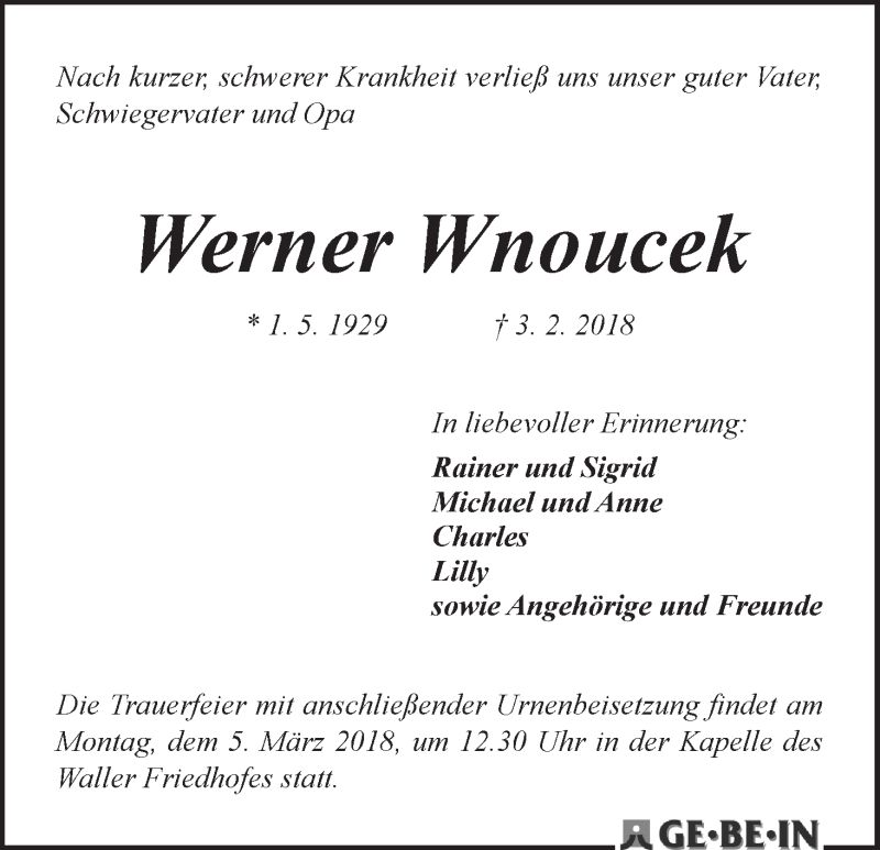 Traueranzeige von Werner Wnoucek von WESER-KURIER
