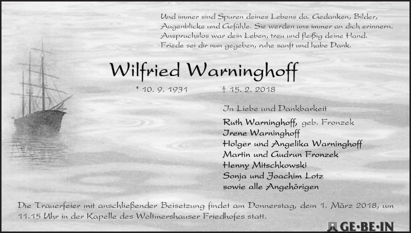 Traueranzeige von Wilfried Warninghoff von WESER-KURIER