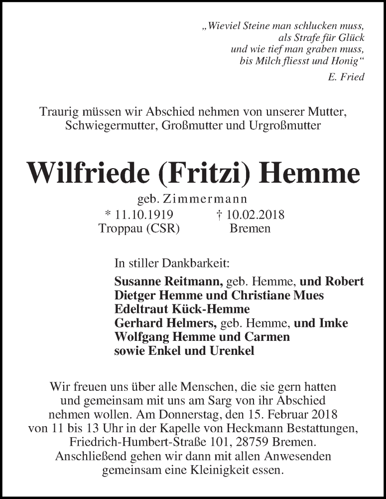 Traueranzeige von Wilfriede (Fritzi) Hemme von Die Norddeutsche