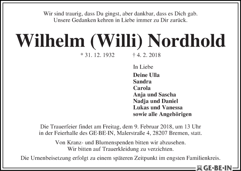 Traueranzeige von Wilhelm (Willi) Nordhold von WESER-KURIER