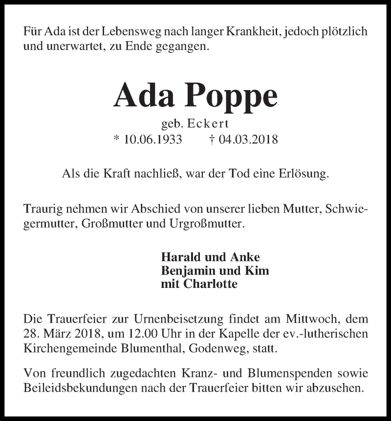 Traueranzeige von Ada Poppe von Die Norddeutsche