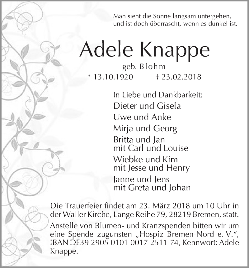 Traueranzeige von Adele Knappe von WESER-KURIER