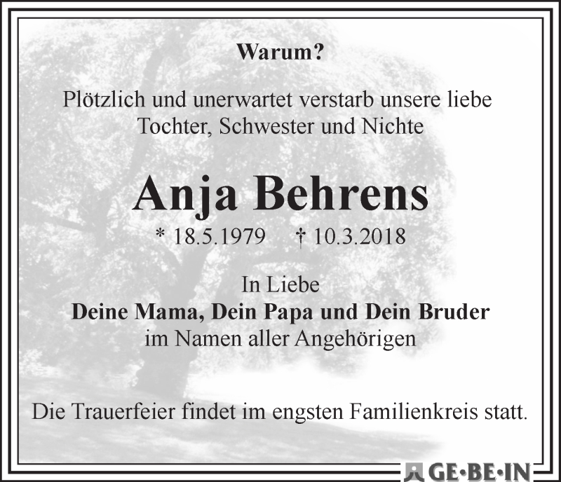Traueranzeige von Anja Behrens von WESER-KURIER