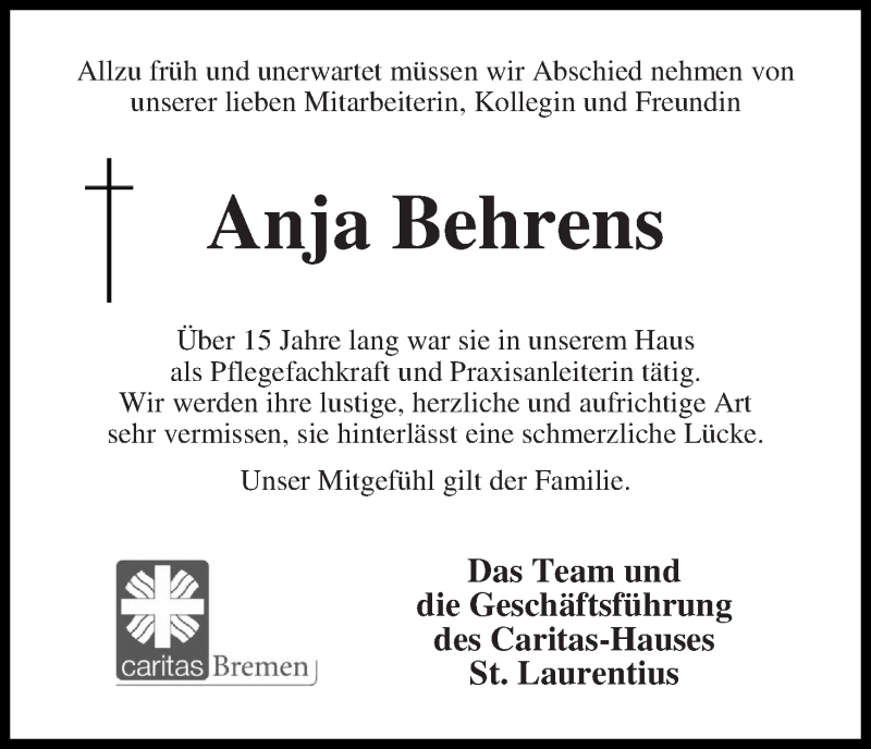 Traueranzeige von Anja Behrens von WESER-KURIER