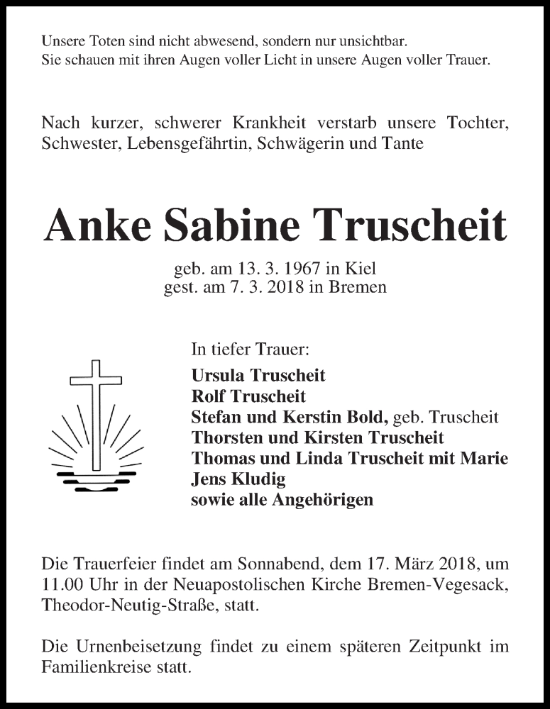 Traueranzeige von Anke Sabine Truscheit von WESER-KURIER