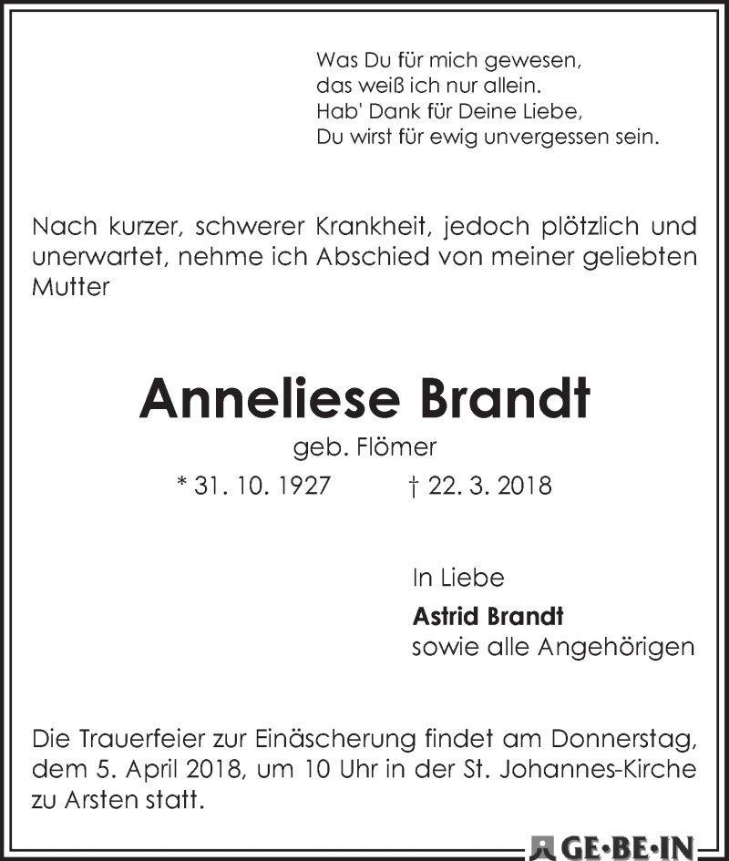 Traueranzeige von Anneliese Brandt von WESER-KURIER