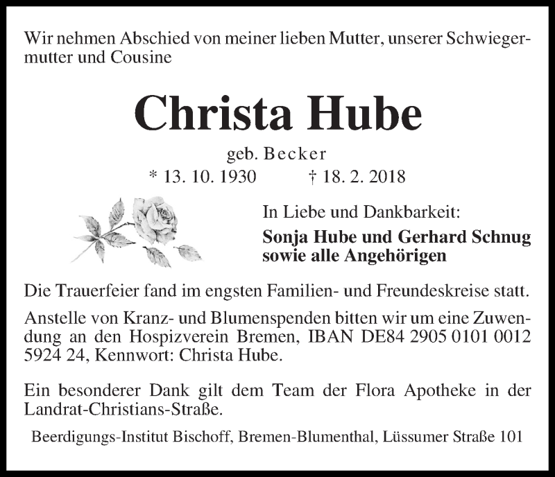 Traueranzeige von Christa Hube von Die Norddeutsche