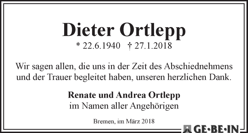 Traueranzeige von Dieter Ortlepp von WESER-KURIER