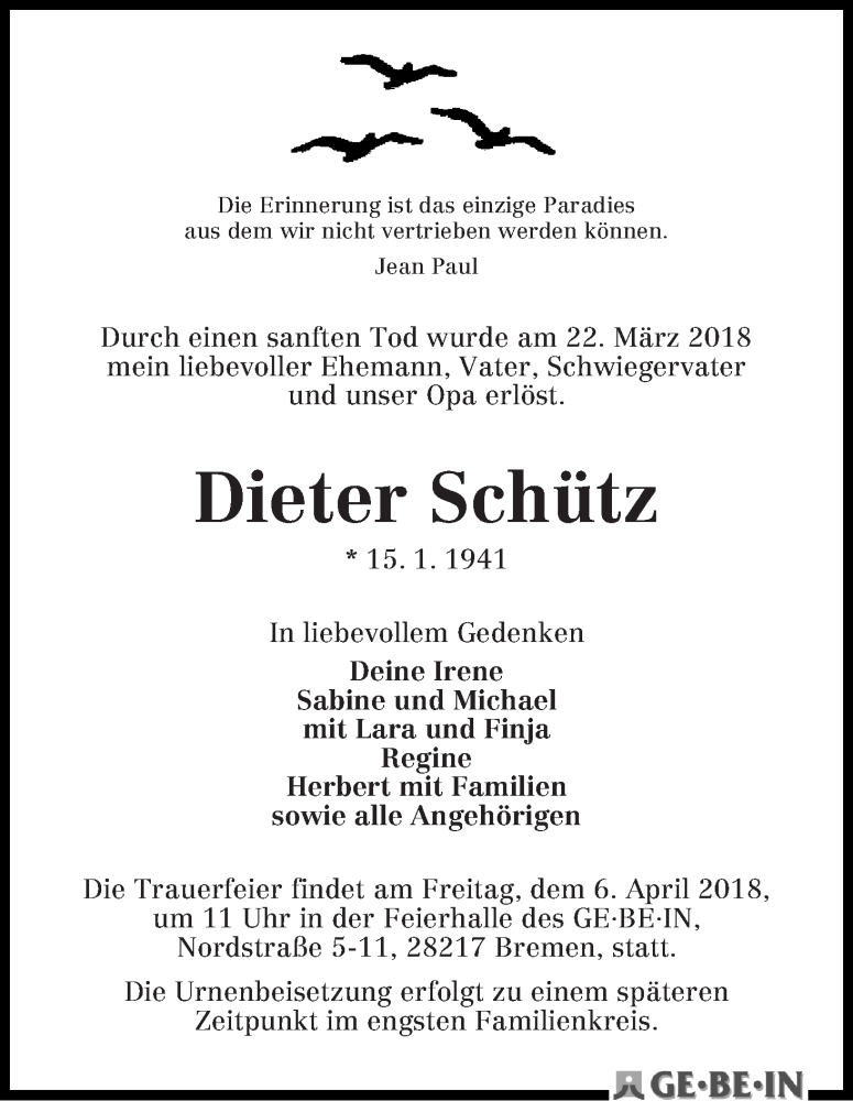 Traueranzeige von Dieter Schütz von WESER-KURIER