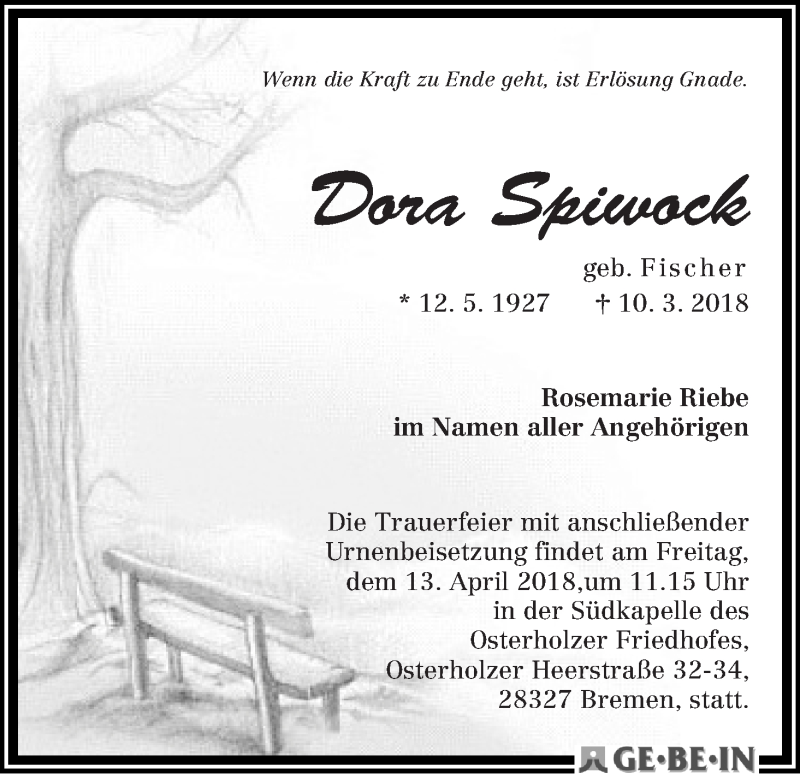 Traueranzeige von Dora Spiwock von WESER-KURIER