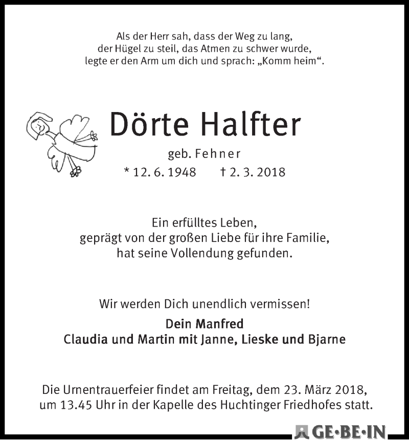 Traueranzeige von Dörte Halfter von WESER-KURIER