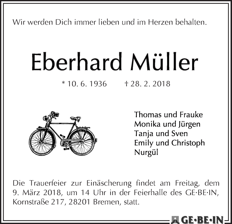 Traueranzeige von Eberhard Müller von WESER-KURIER