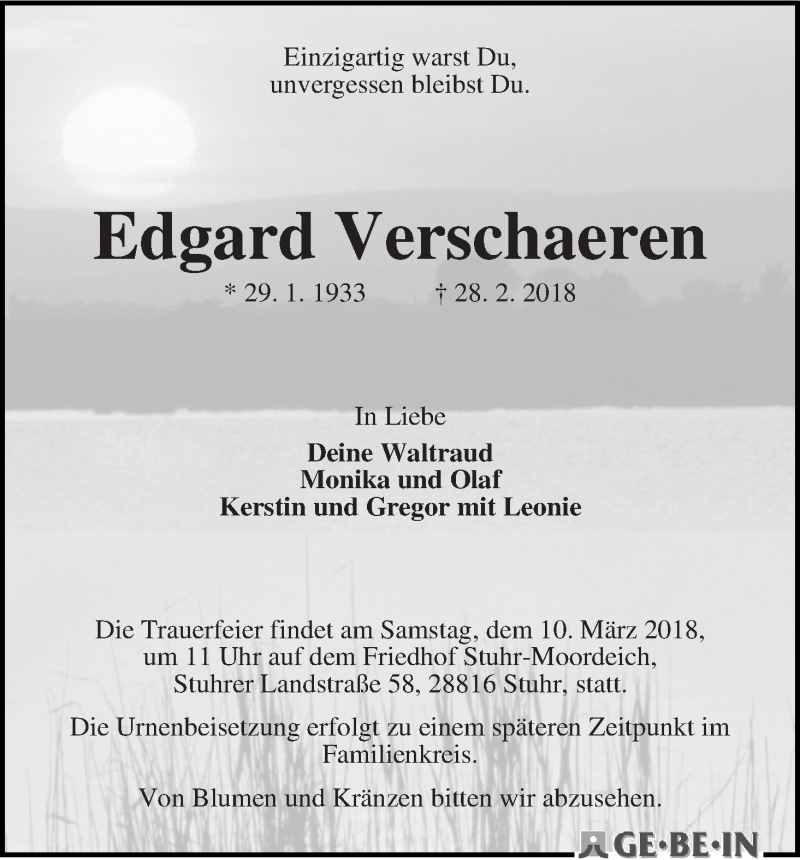 Traueranzeige von Edgard Verschaeren von WESER-KURIER