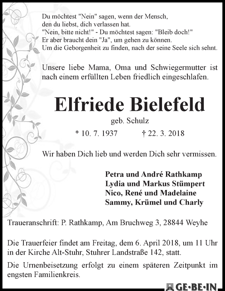 Traueranzeige von Elfriede Bielefeld von WESER-KURIER