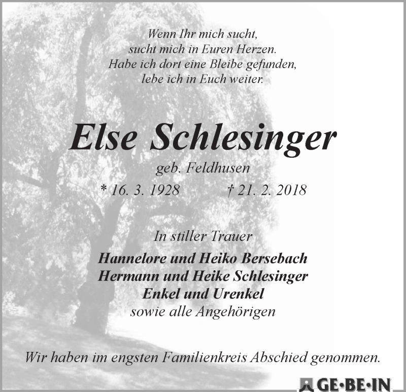 Traueranzeige von Else Schlesinger von WESER-KURIER