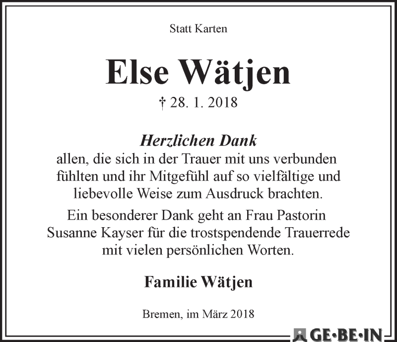 Traueranzeige von Else Wätjen von WESER-KURIER
