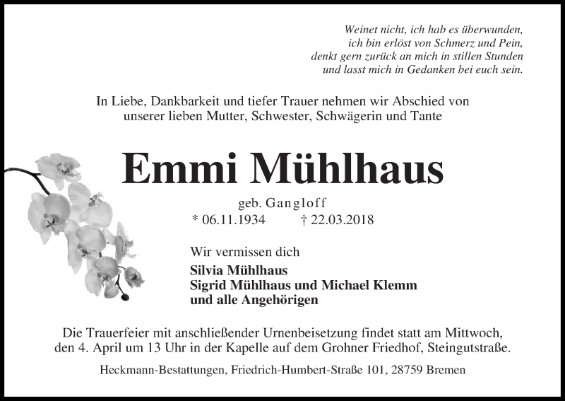 Traueranzeige von Emmi Mühlhaus von Die Norddeutsche