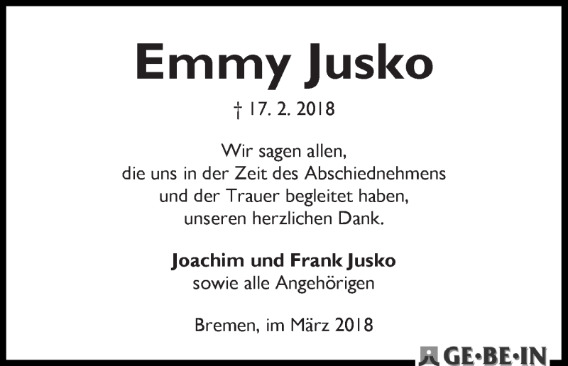 Traueranzeige von Emmy Jusko von WESER-KURIER