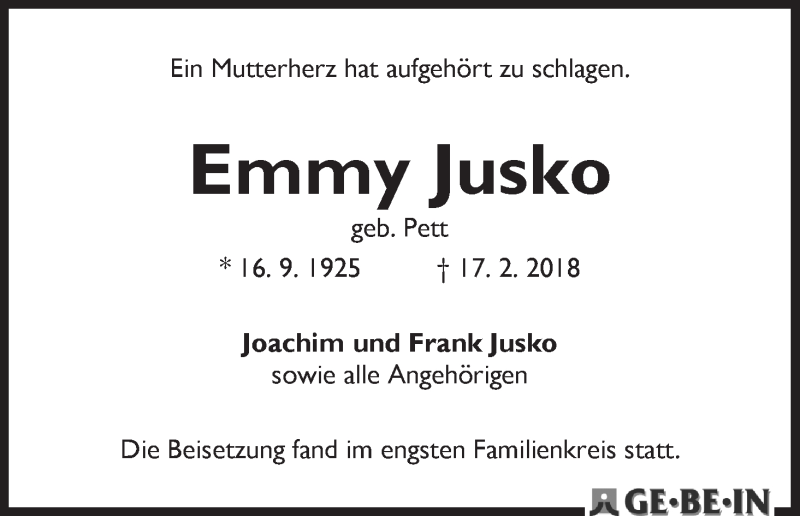 Traueranzeige von Emmy Jusko von WESER-KURIER