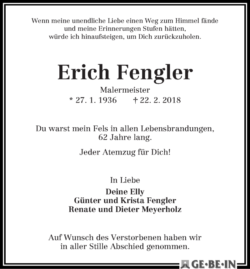 Traueranzeige von Erich Fengler von WESER-KURIER