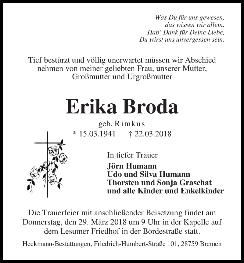 Traueranzeige von Erika Broda von Die Norddeutsche