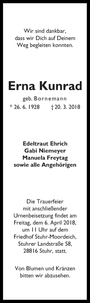 Traueranzeige von Erna Kunrad von WESER-KURIER