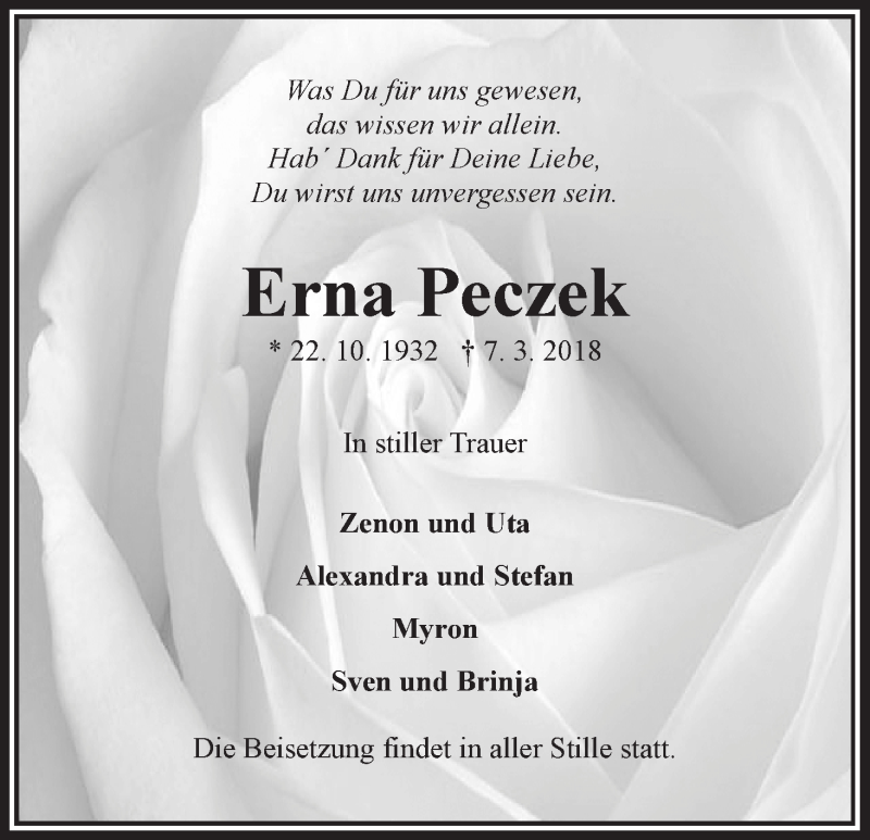 Traueranzeige von Erna Peczek von WESER-KURIER