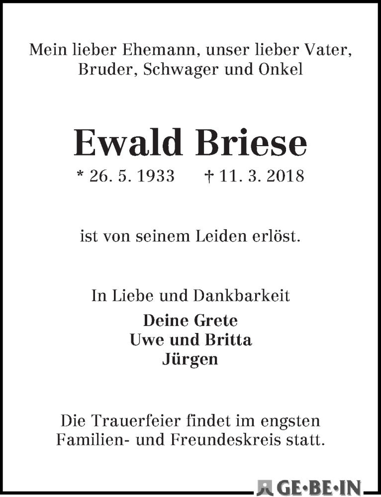 Traueranzeige von Ewald Briese von WESER-KURIER