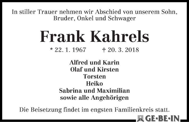 Traueranzeige von Frank Kahrels von WESER-KURIER