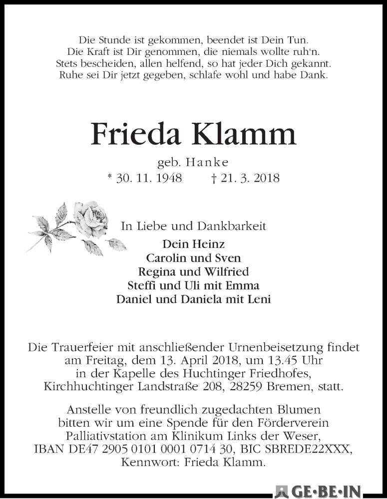 Traueranzeige von Frieda Klamm von WESER-KURIER