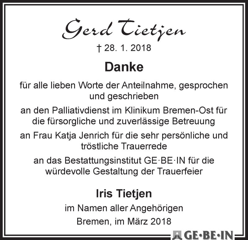 Traueranzeige von Gerd Tietjen von WESER-KURIER