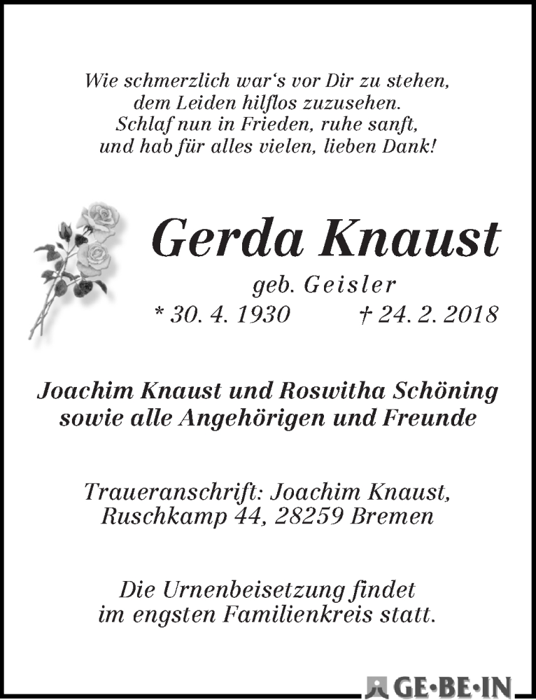 Traueranzeige von Gerda Knaust von WESER-KURIER