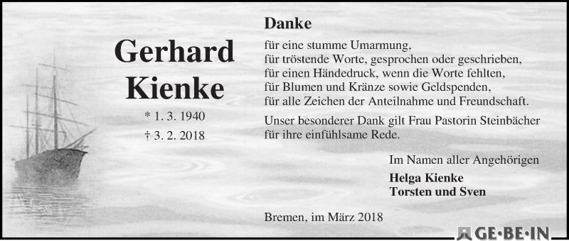 Traueranzeige von Gerhard Kienke von WESER-KURIER