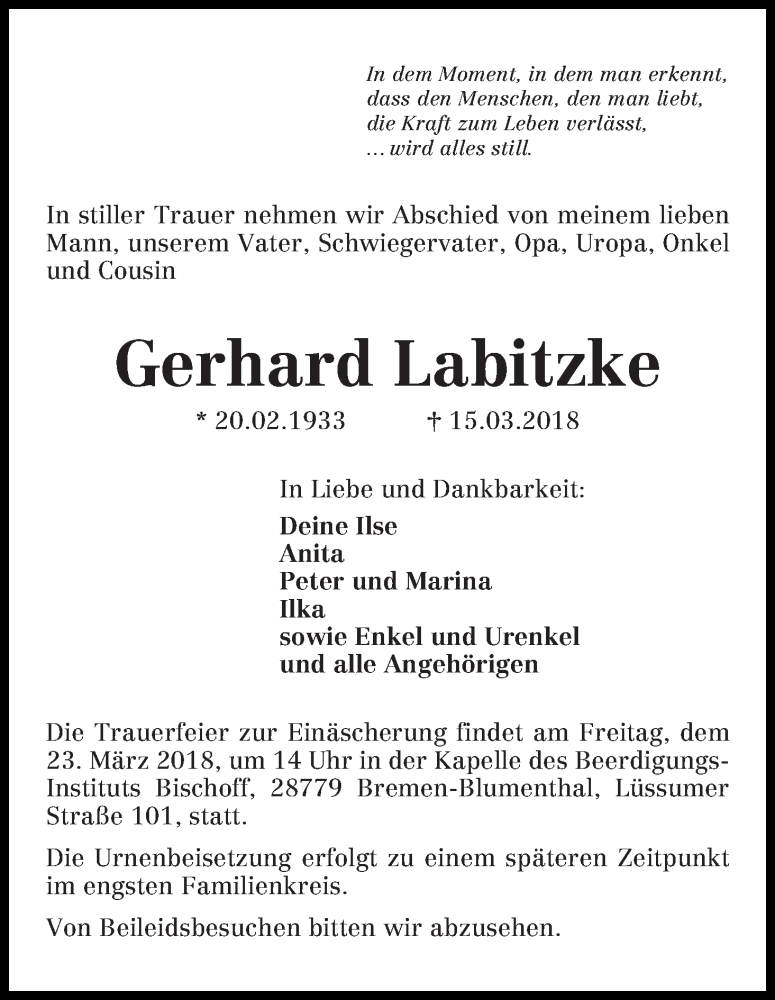 Traueranzeige von Gerhard Labitzke von Die Norddeutsche