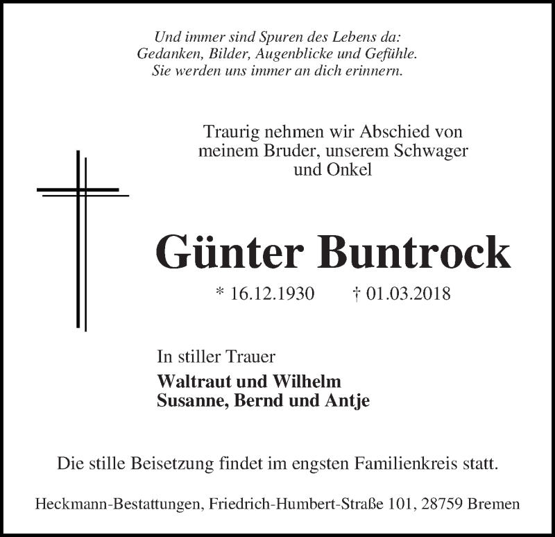 Traueranzeige von Günter Buntrock von WESER-KURIER