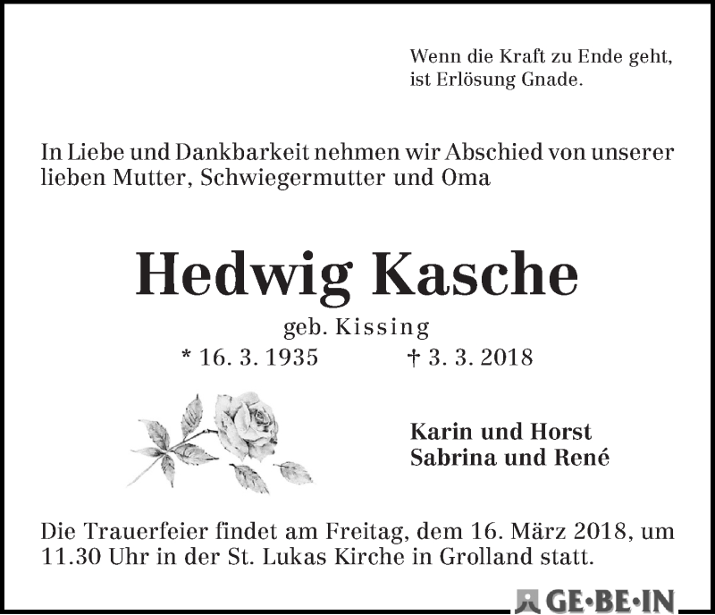 Traueranzeige von Hedwig Kasche von WESER-KURIER