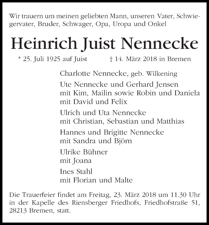 Traueranzeige von Heinrich Juist Nennecke von WESER-KURIER