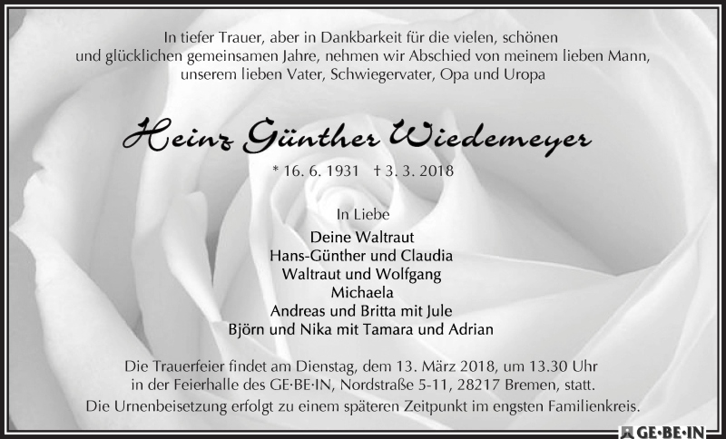 Traueranzeige von Heinz Günther Wiedemeyer von WESER-KURIER