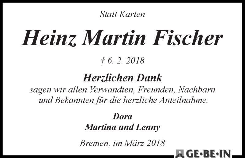 Traueranzeige von Heinz Martin Fischer von WESER-KURIER
