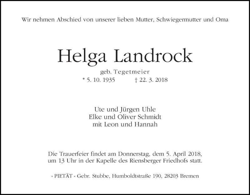 Traueranzeige von Helga Landrock von WESER-KURIER