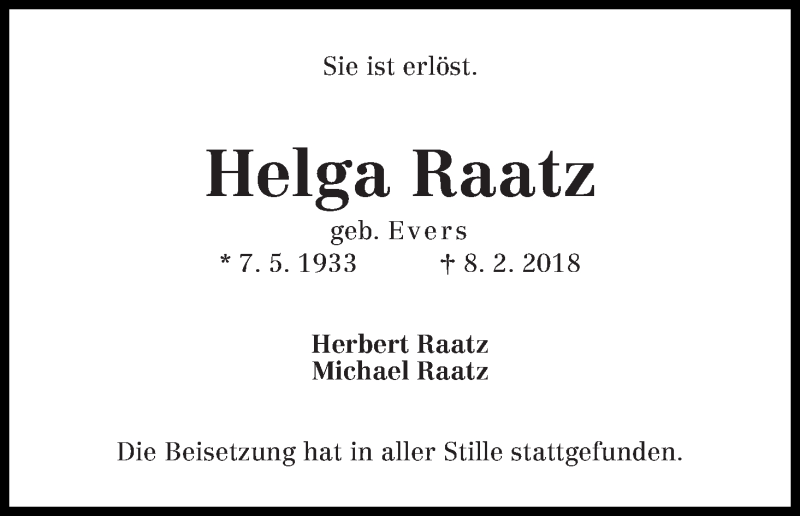 Traueranzeige von Helga Raatz von WESER-KURIER