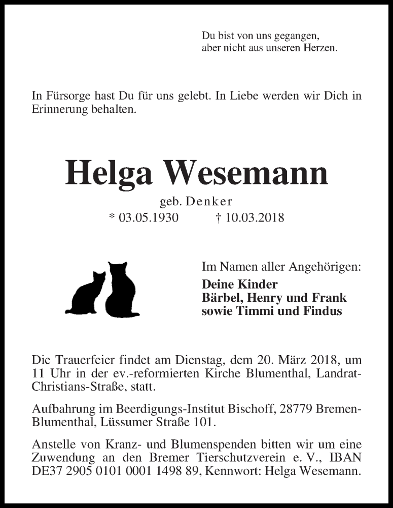 Traueranzeige von Helga Wesemann von Die Norddeutsche