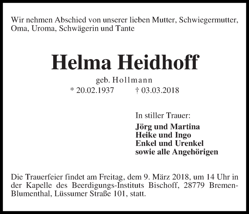 Traueranzeige von Helma Heidhoff von Die Norddeutsche