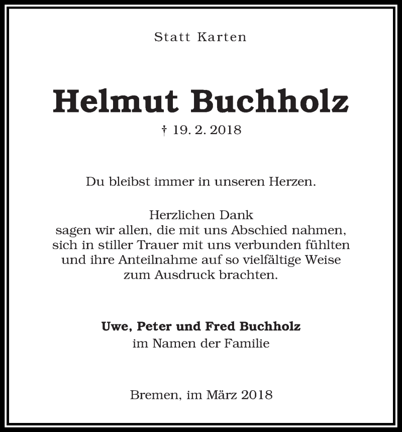 Traueranzeige von Helmut Buchholz von WESER-KURIER