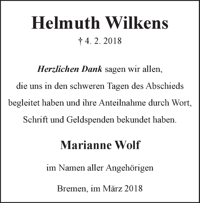 Traueranzeige von Helmuth Wilkens von WESER-KURIER
