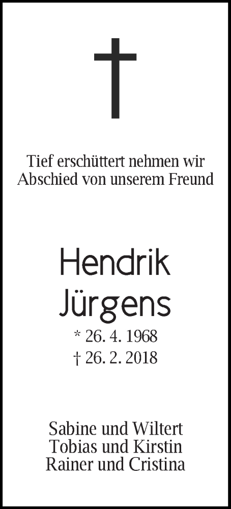 Traueranzeige von Hendrik Jürgens von WESER-KURIER
