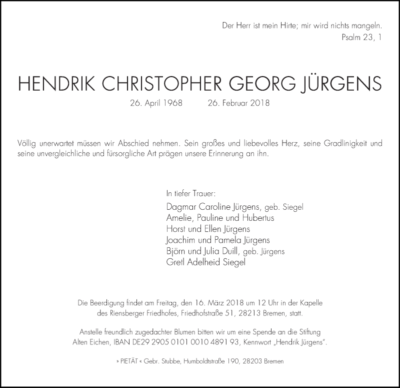 Traueranzeige von Hendrik Christopher Georg Jürgens von WESER-KURIER