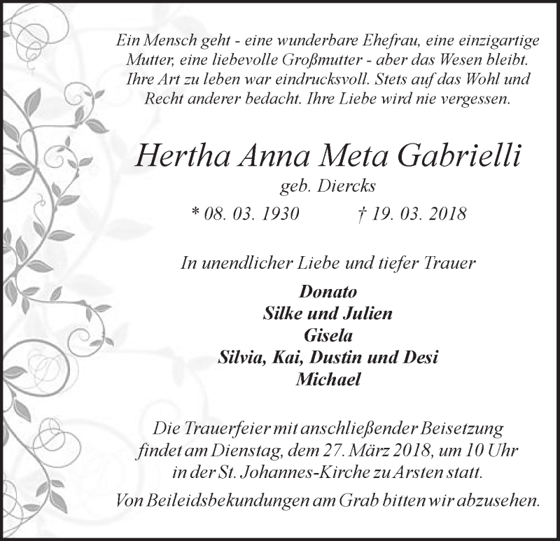 Traueranzeige von Hertha Anna Meta Gabrielli von WESER-KURIER