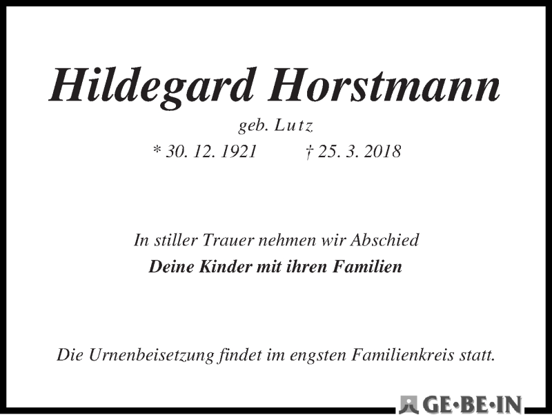 Traueranzeige von Hildegard Horstmann von WESER-KURIER